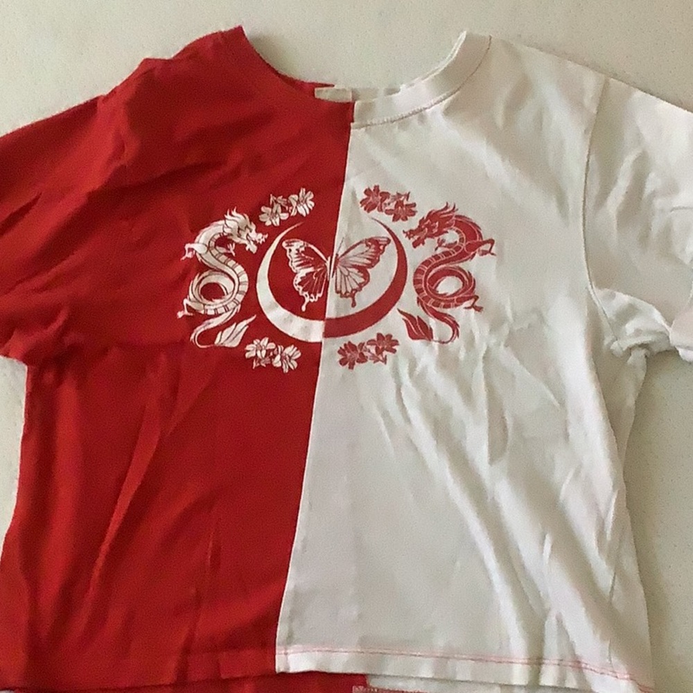 Red and white cropped top, with dragon and butterfly